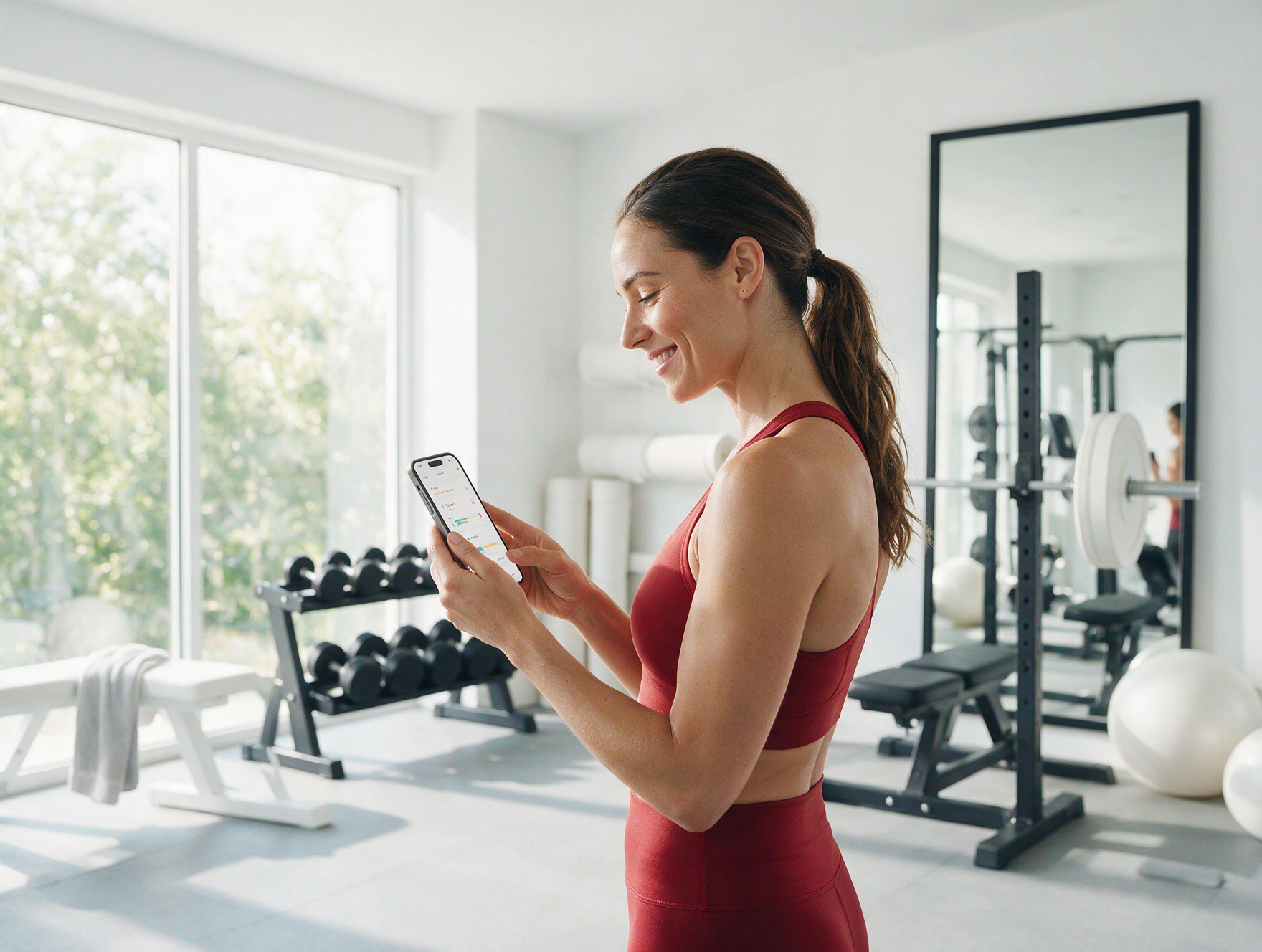 Frau im Studio schaut auf ihren Trainingsplan auf dem Smartphone