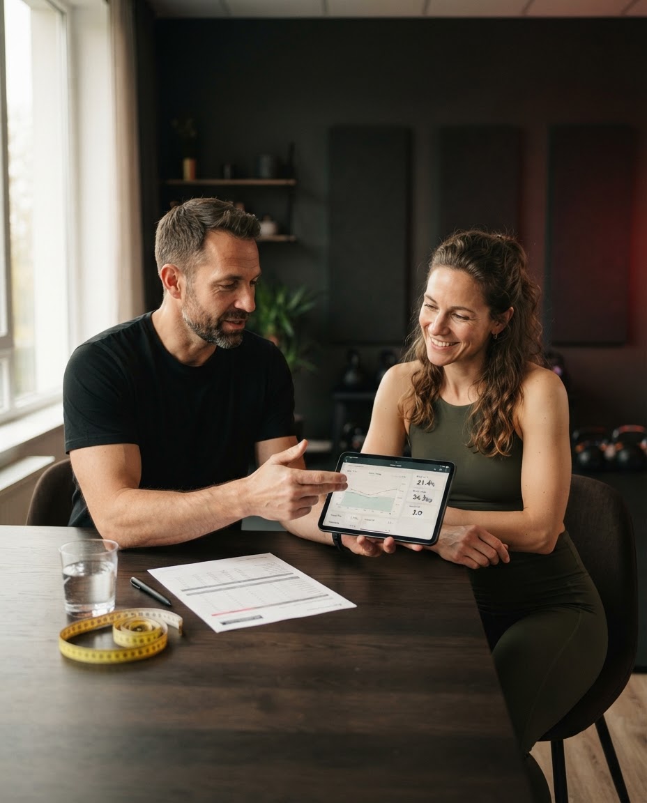 Coach bespricht die Gesundheitsanalyse mit einer Klientin am Tablet